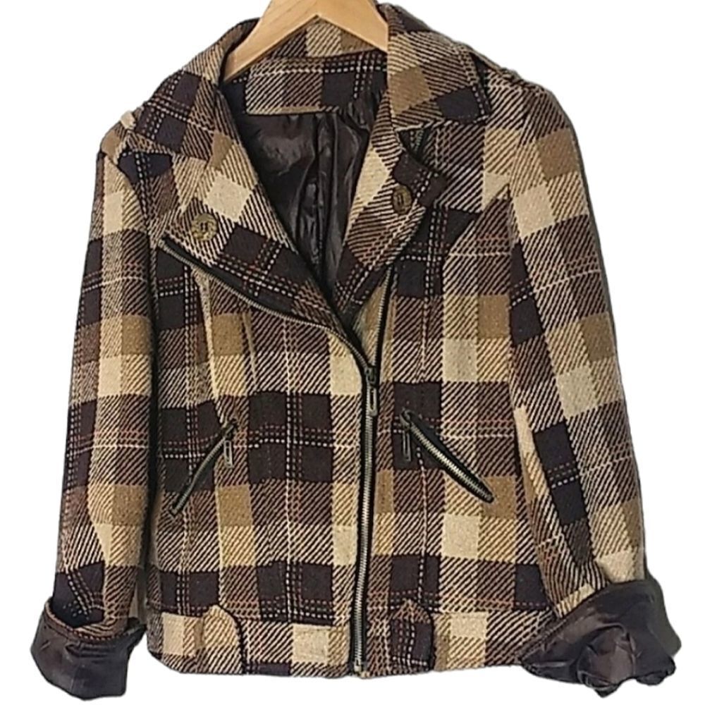 Vintage Brown Plaid Cropped Asymetrical Zip Up Jacket size M